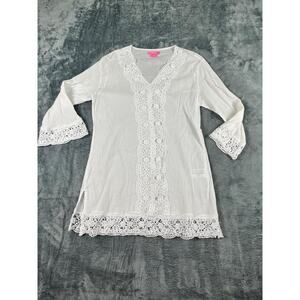 Isaac Mizrahi White Crochet Lace Tunic Top Cover-Up Size S 3/4 Sleeve Boho